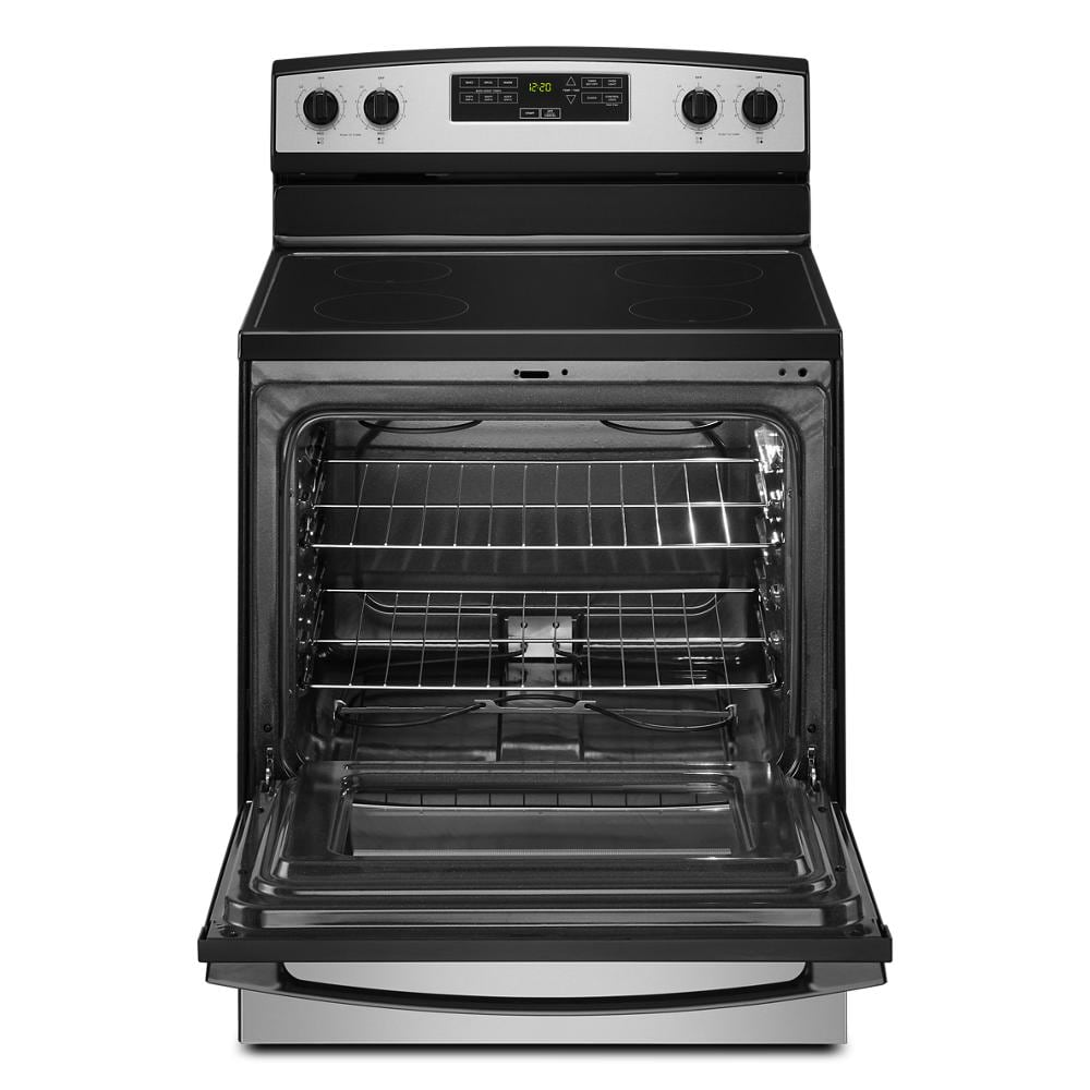 Front view of black and stainless steel electric range with open oven door showing interior racks from kitchen appliances collection