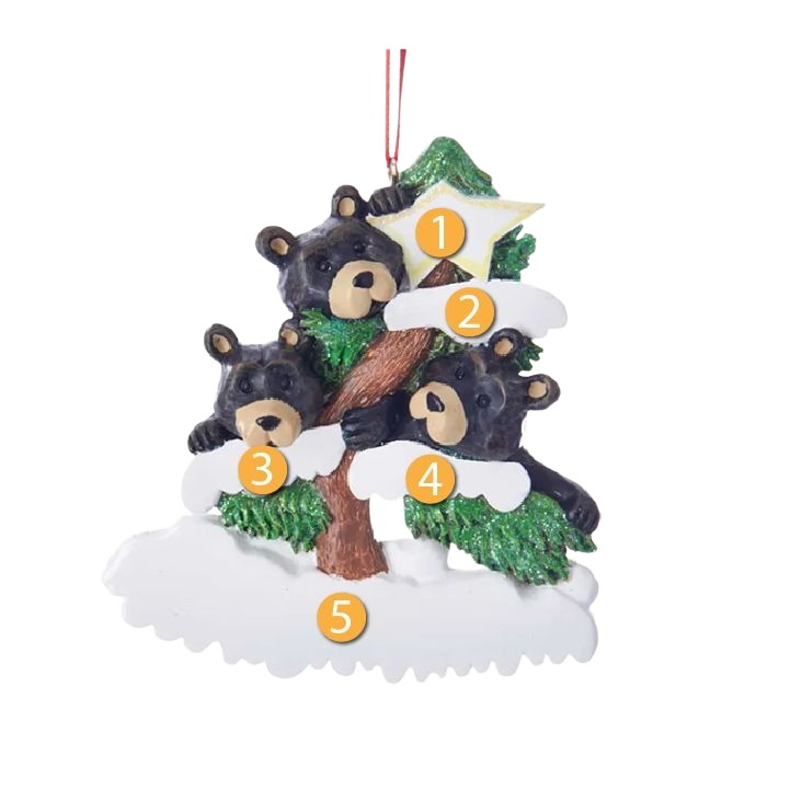 Personalized bear family ornament with three black bears on snowy tree for Christmas decorations under 50 dollars