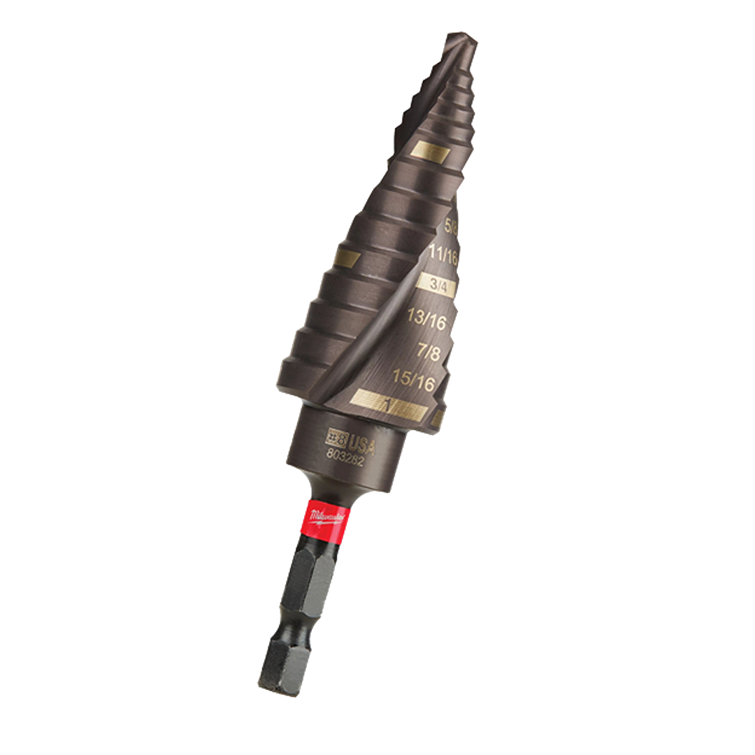 Black mechanical step drill bit with red ring, designed for impact drivers, suitable for home improvement and tool accessories.