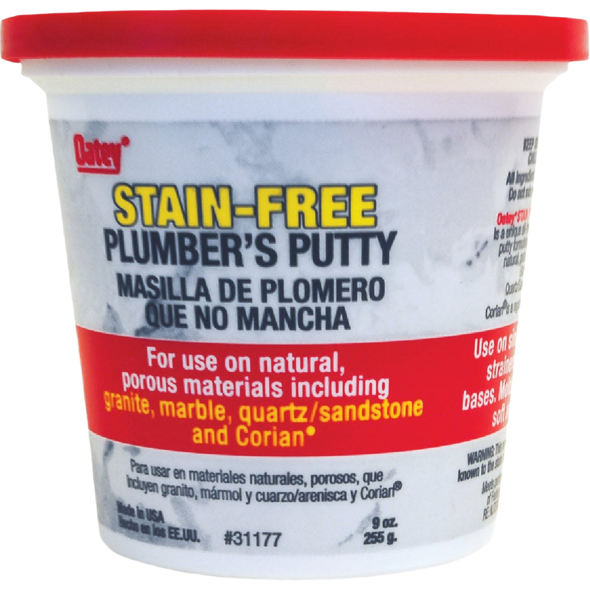 Container of stain-free plumber's putty for natural porous surfaces like granite, marble, quartz, and sandstone in plumbing tools