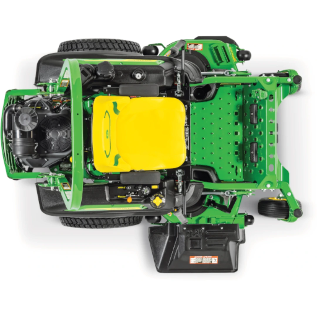 Top view of a green zero-turn mower featuring a bright yellow seat and a 54-inch mulch on demand deck for lawn care.