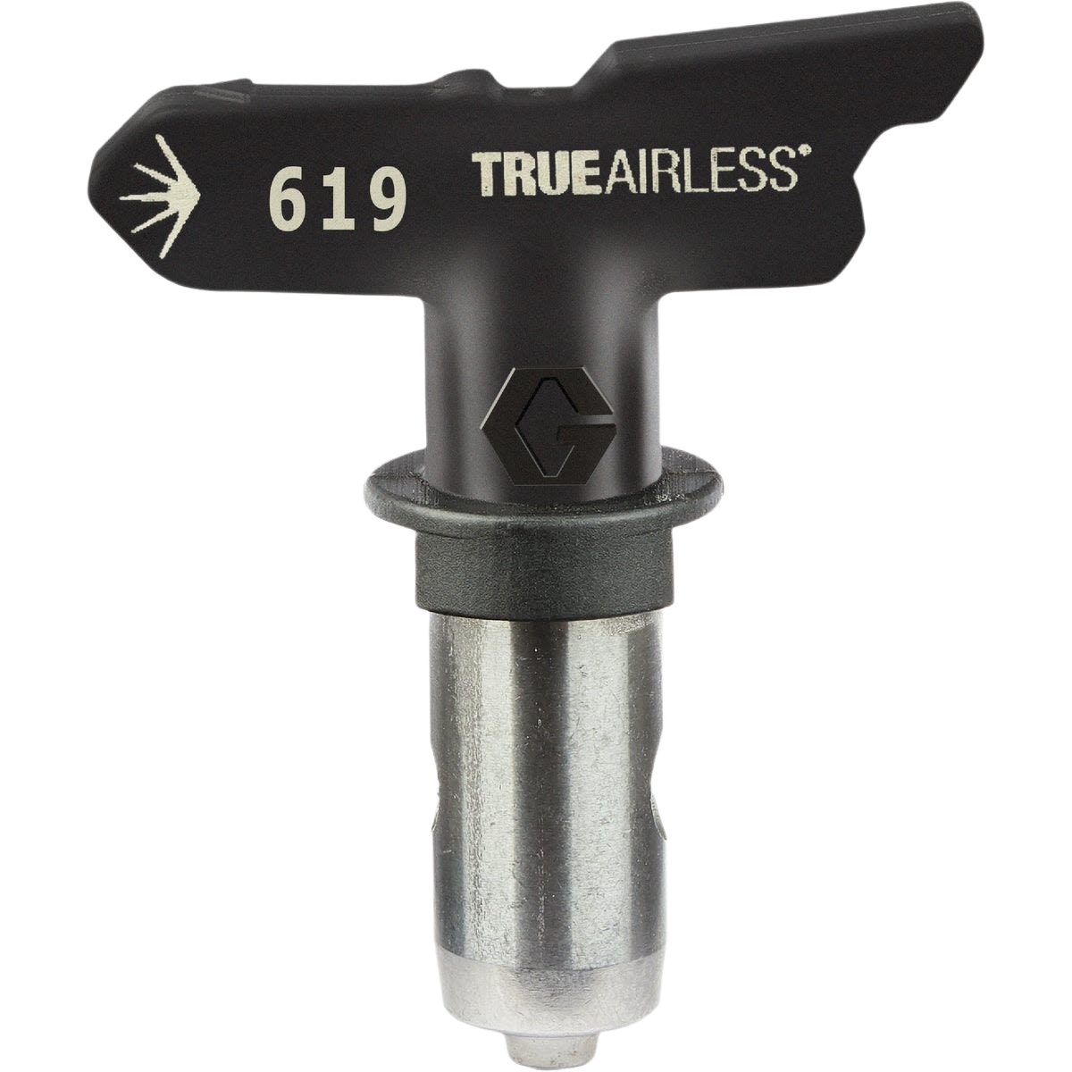 Black and silver airless paint sprayer tip with 12-14 inch wide spray pattern designed for home improvement tools.