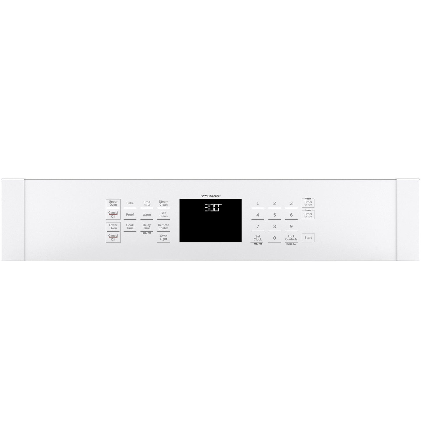 Digital control panel with timer display and multiple cooking function buttons for built-in double wall oven in white finish