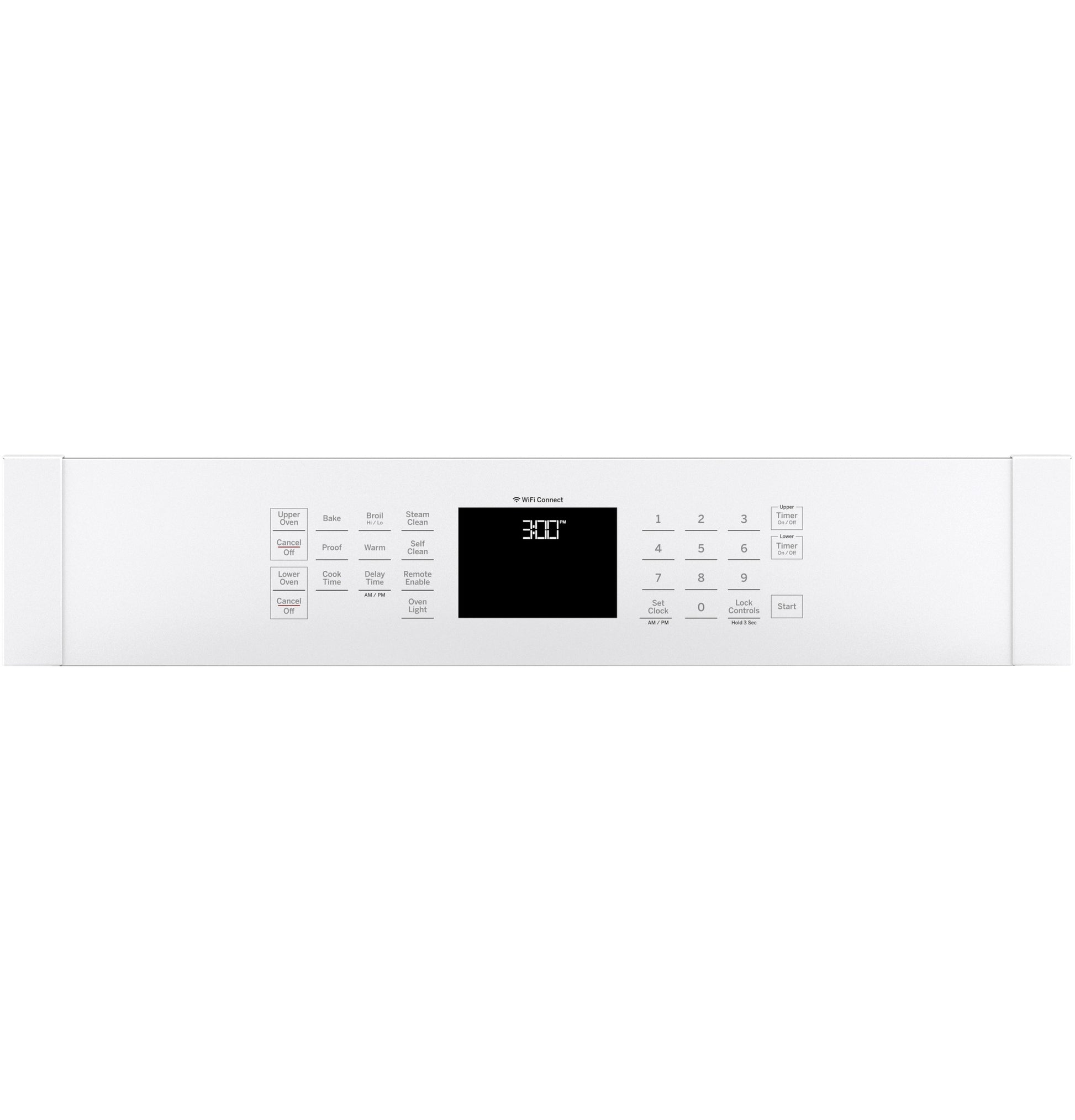 Digital control panel with timer display and multiple cooking function buttons for built-in double wall oven in white finish