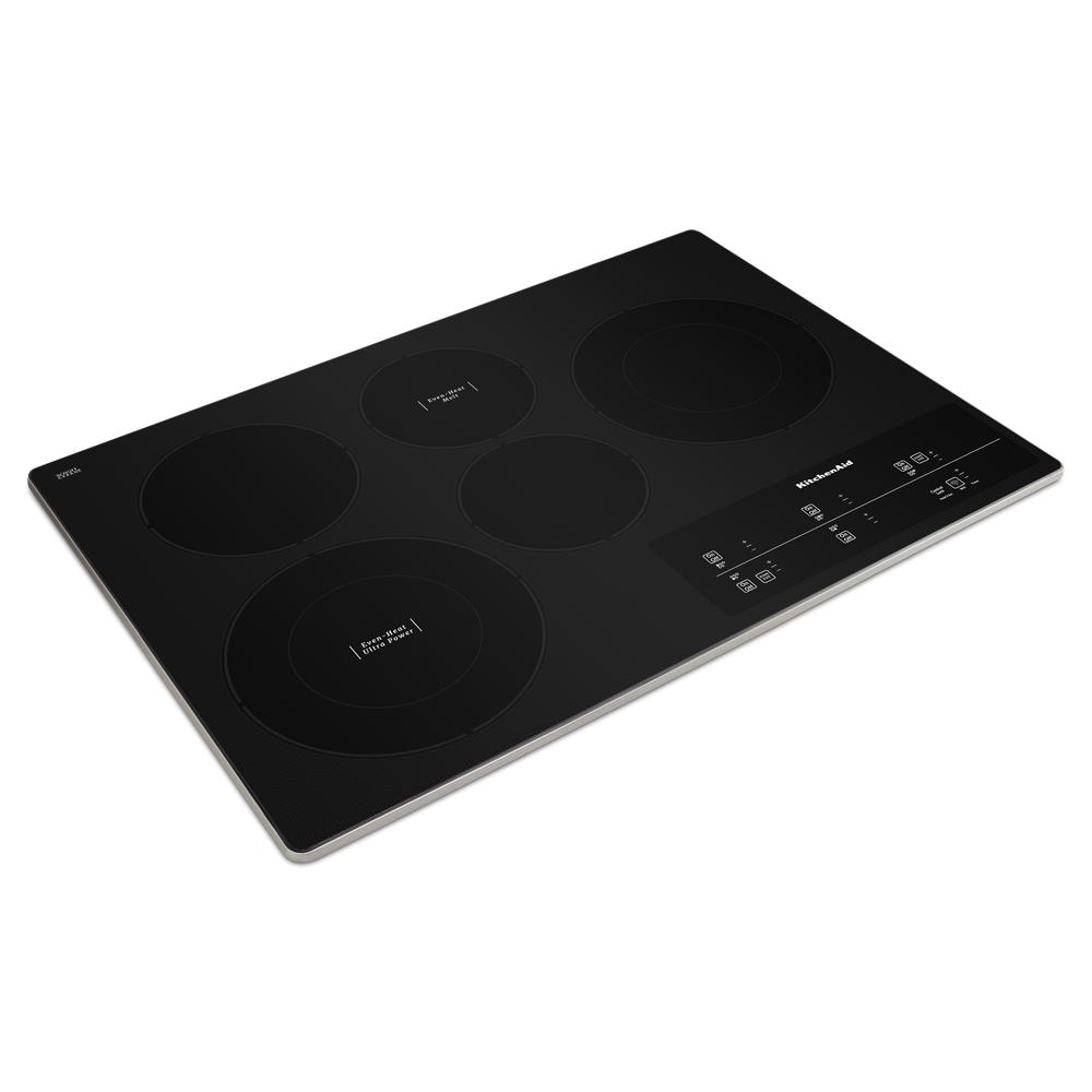 Black electric cooktop with five cooking elements and touch controls from KitchenAid Appliances collection