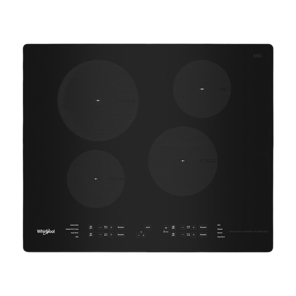 Black glass Whirlpool induction cooktop with four burners and touch controls in kitchen appliances collections