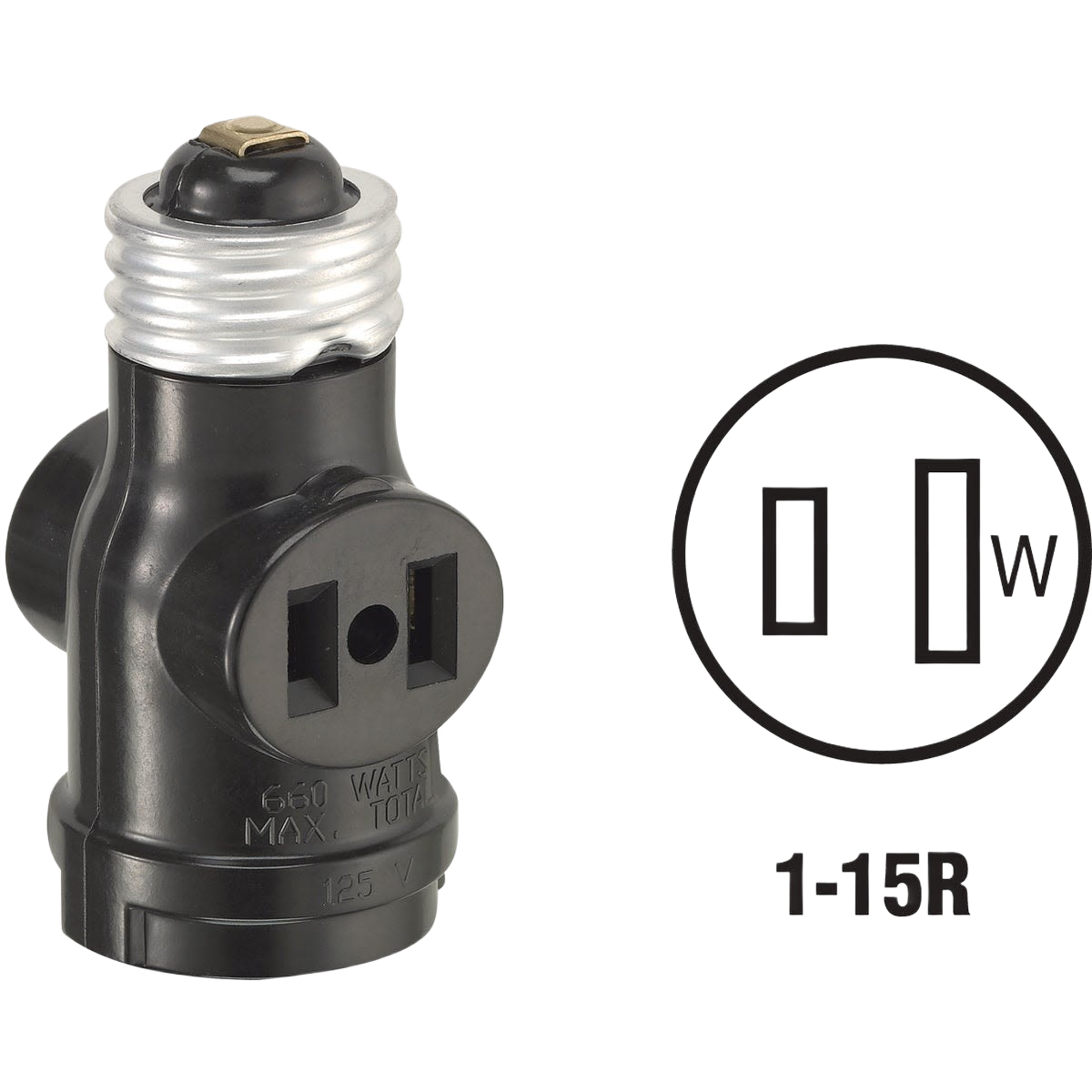 Black socket adapter with two standard plug outlets for expanding single lamp sockets in electrical projects