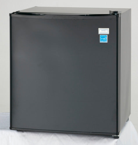 compact black refrigerator with smooth door and energy efficiency label for kitchen appliances and home improvement