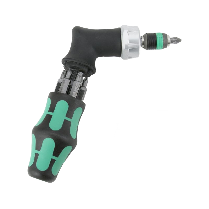 Compact ratcheting screwdriver with ergonomic black and green handle and integrated bit storage for hand tools collections under 100