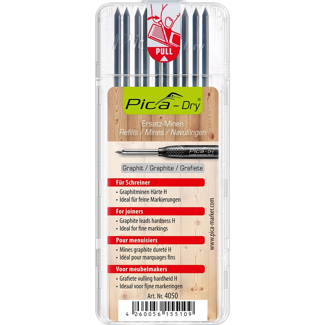Clear plastic case holding 10 graphite refill leads for joiners in woodworking and measuring tools collections under $50.