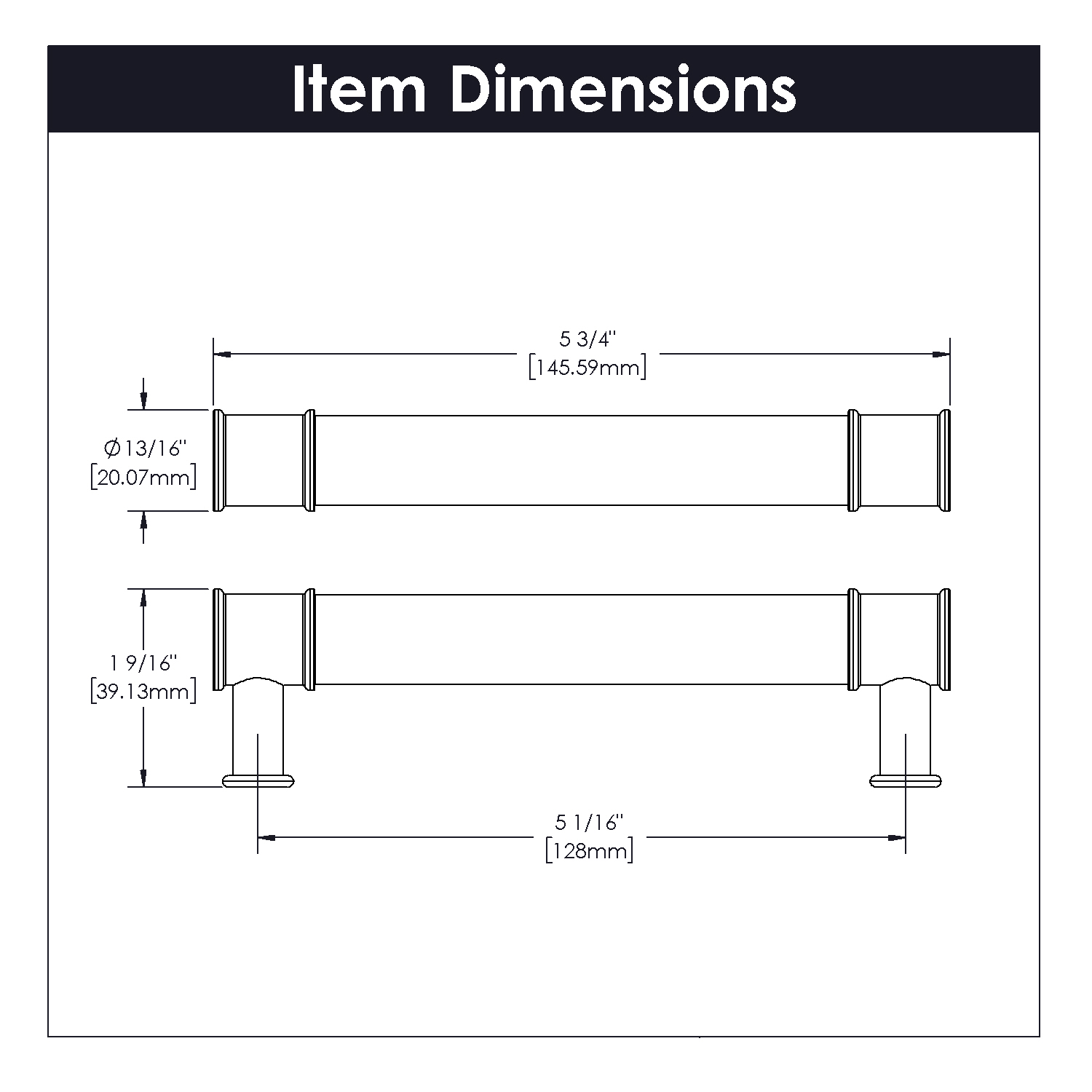 Technical line drawing showing dimensions of a midway pull handle with satin nickel seats for home improvement use