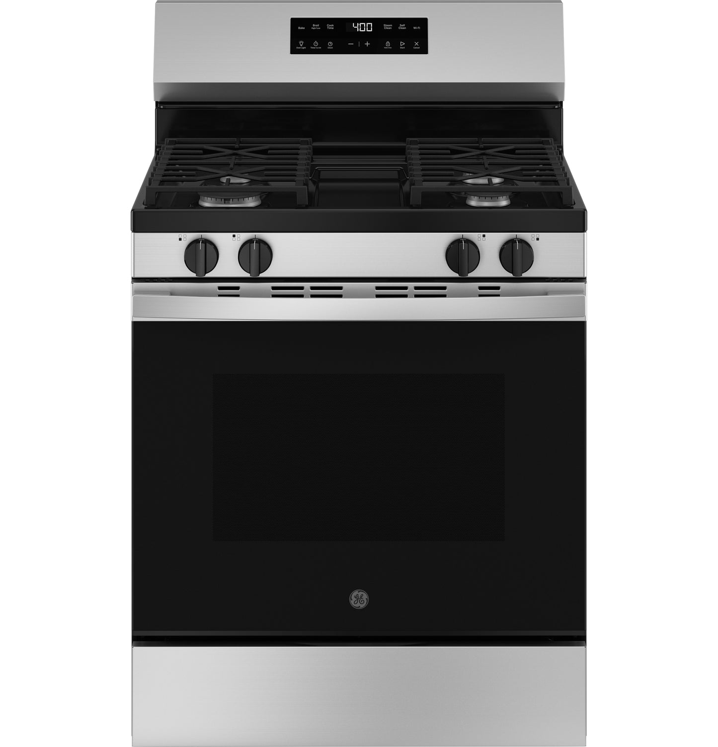 Stainless steel free-standing gas range with four burners, digital control panel, and black oven door from ranges collection