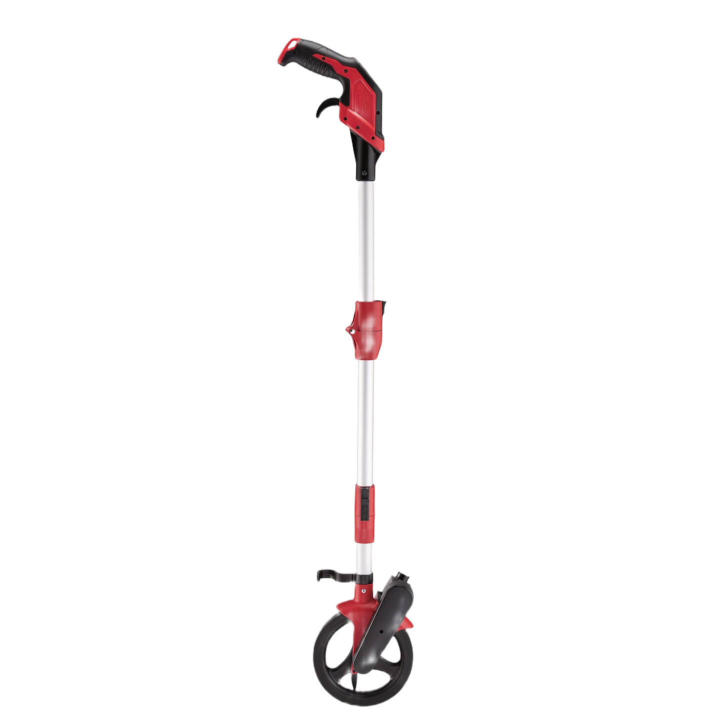 Red and silver measuring wheel with telescoping aluminum frame and ergonomic handle for woodworking and home improvement use