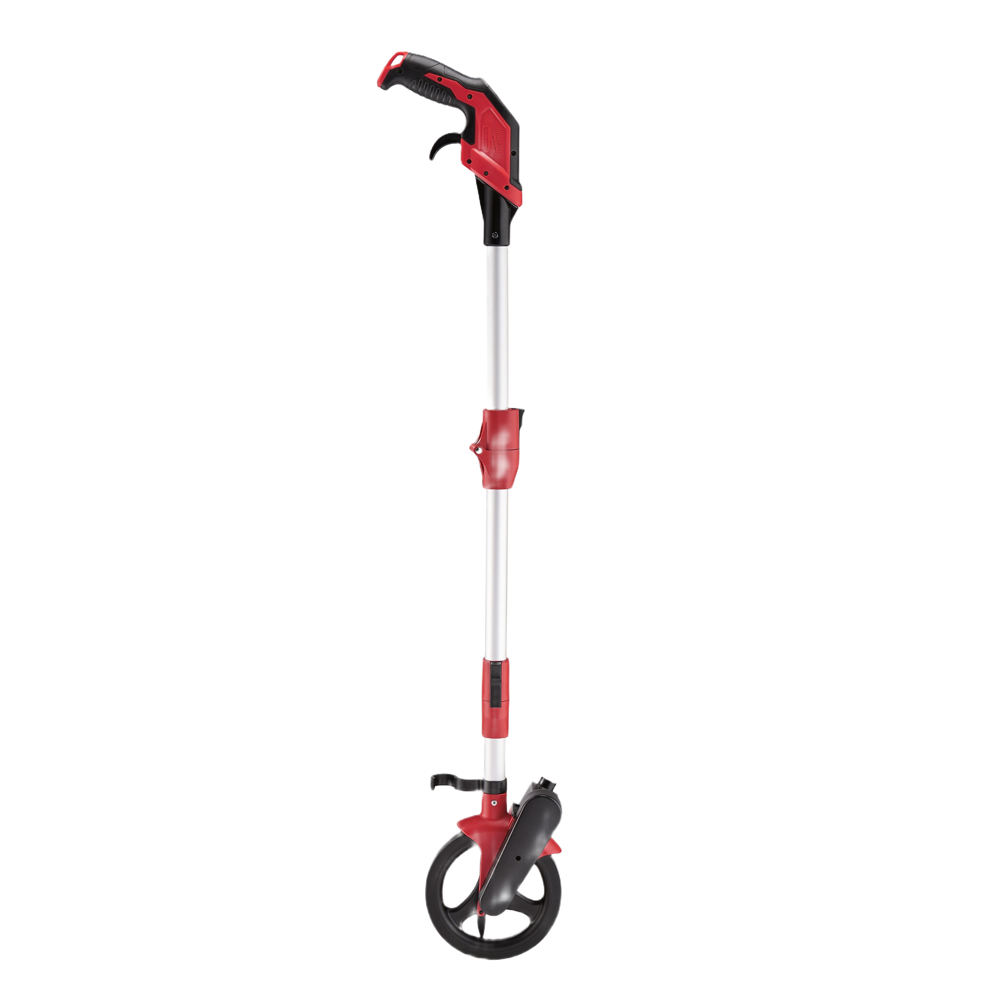 Red and silver measuring wheel with telescoping aluminum frame and ergonomic handle for woodworking and home improvement use