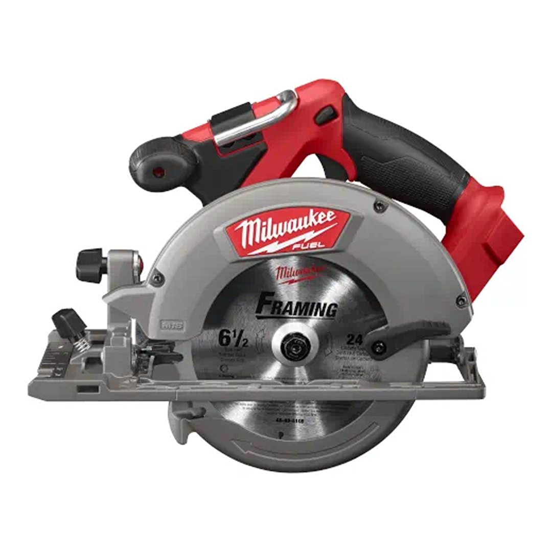 Cordless circular saw with red and black ergonomic handle and 6-1/2 inch blade for framing and home improvement tasks