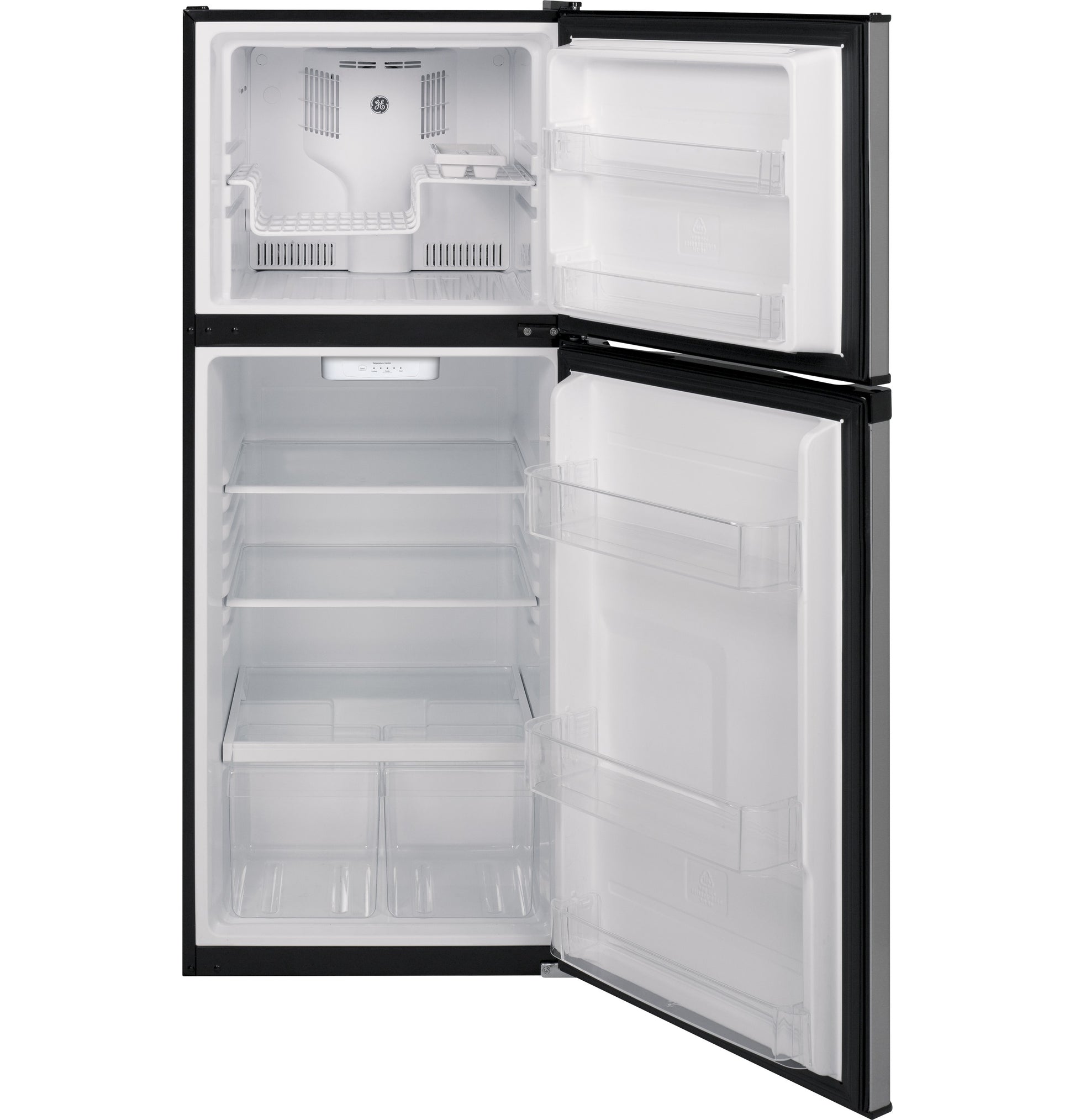 Compact black top-freezer refrigerator with adjustable shelves and clear door storage in Refrigerators and Kitchen & Kitchenware collections