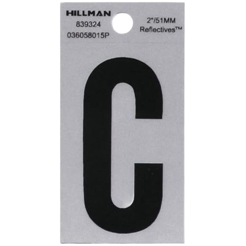 Black square cut reflective letter C sticker on silver mylar backing for home improvement and tool labeling tasks