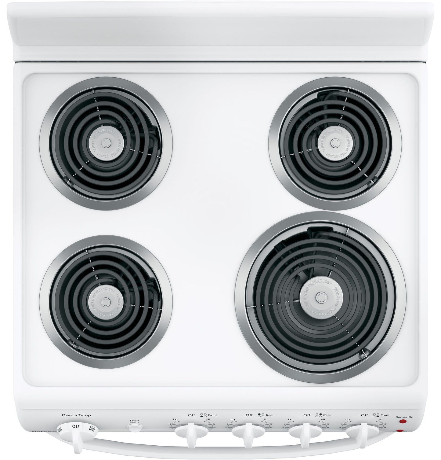 Top-down view of white electric range with four coil burners and front control knobs in kitchen appliances collection