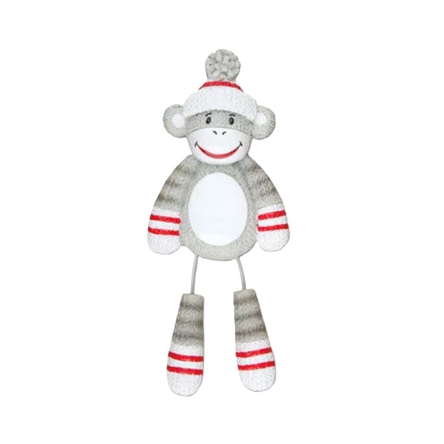 Gray and white striped sock monkey ornament wearing a winter hat with red accents for Christmas decor