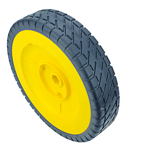 Yellow plastic wheel with black treaded tire and bearing, suitable for John Deere mower parts and automotive accessories collection