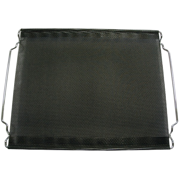 Black adjustable crisper mat with mesh surface and metal handles for baking in kitchenware and home collections