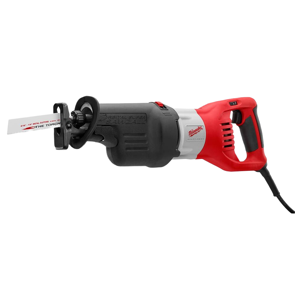 Red and black electric reciprocating saw with ergonomic handle and sharp cutting blade for home improvement tasks