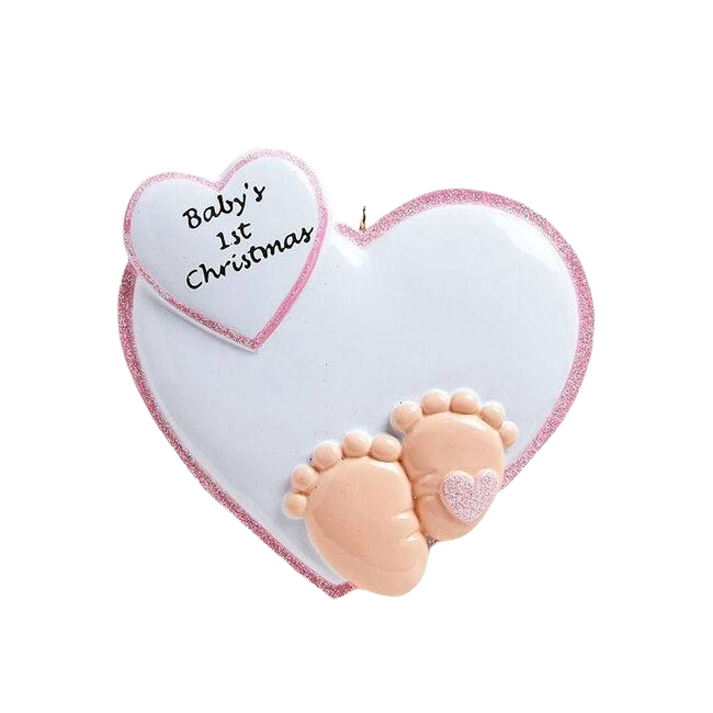 White heart-shaped ornament with pink baby feet and "Baby’s 1st Christmas" message in festive tree decorations under $50 collection