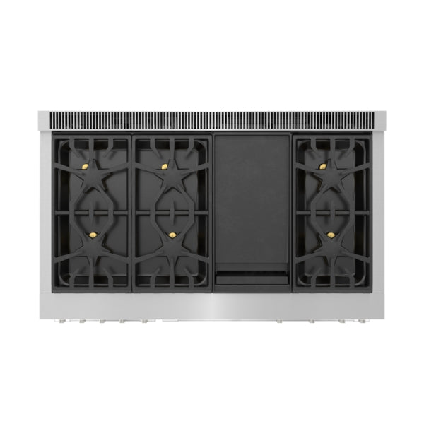 Top view of stainless steel dual fuel range with five burners and integrated cast-aluminum griddle from Ranges collection