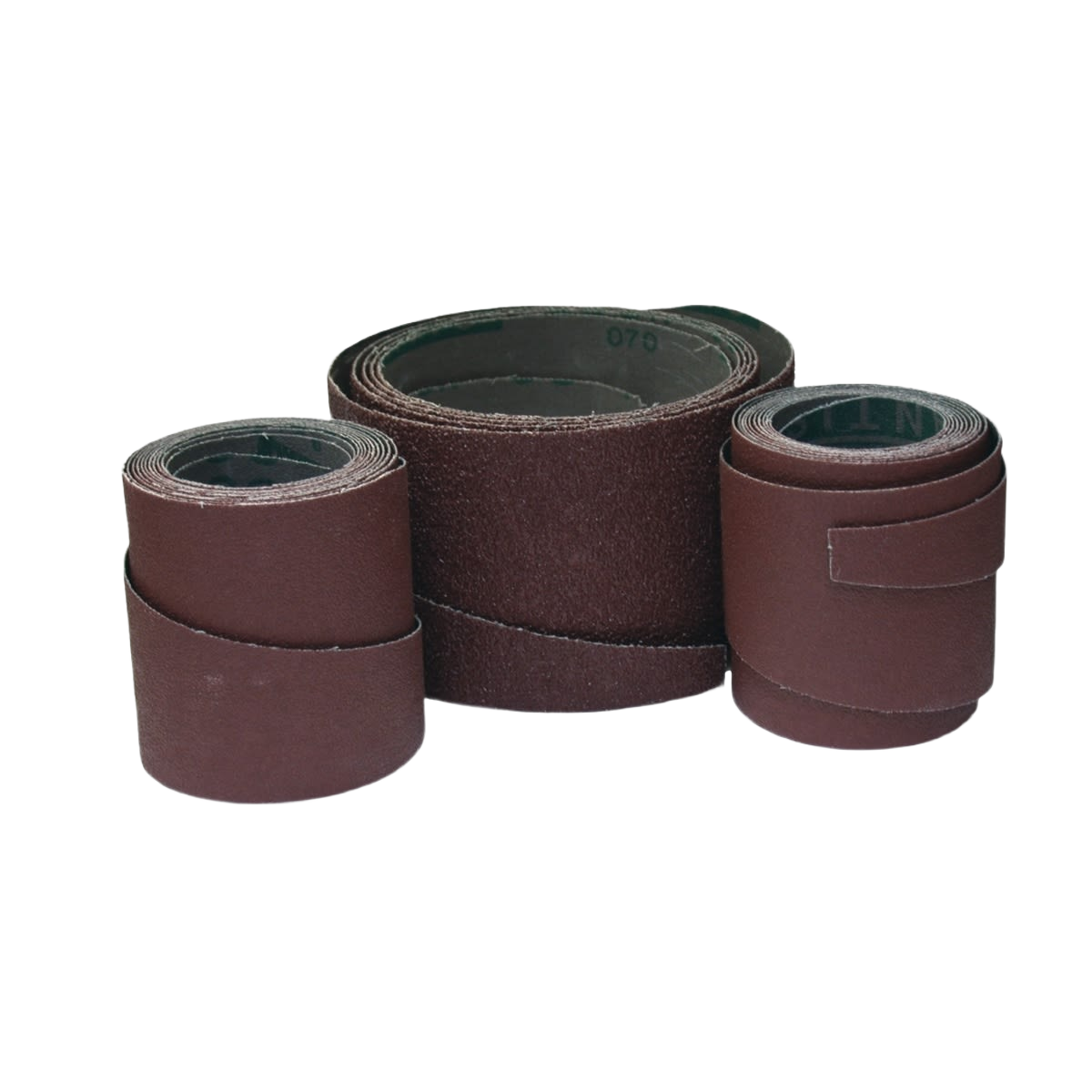 Three rolls of 100 grit brown sandpaper strips for drum sander use, designed for home improvement projects