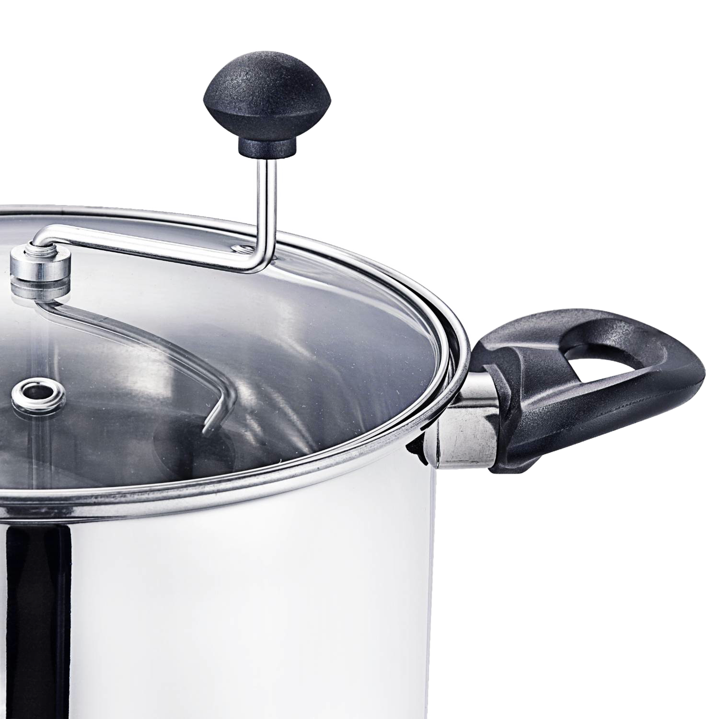 Stainless steel popcorn popper with glass lid, crank handle, and black side handle from Small Kitchen Appliances collection