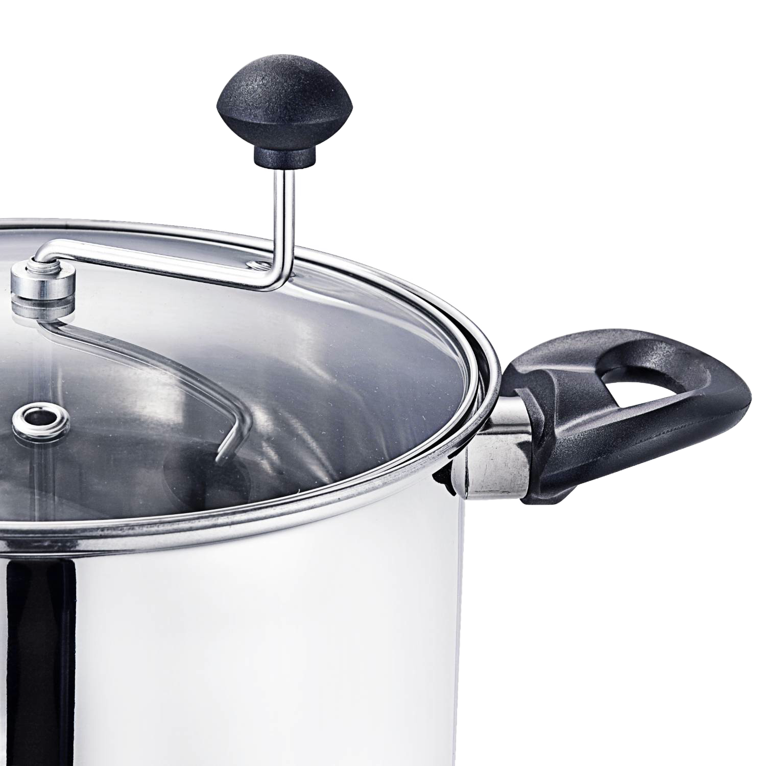 Stainless steel popcorn popper with glass lid, crank handle, and black side handle from Small Kitchen Appliances collection