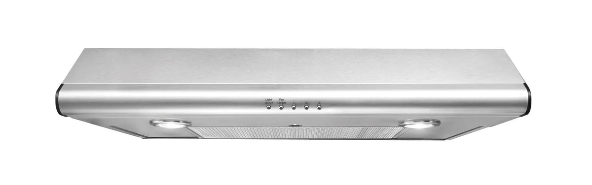 Stainless steel 30" overhead range hood with halogen lights and dishwasher safe washable filter in kitchen appliances collection