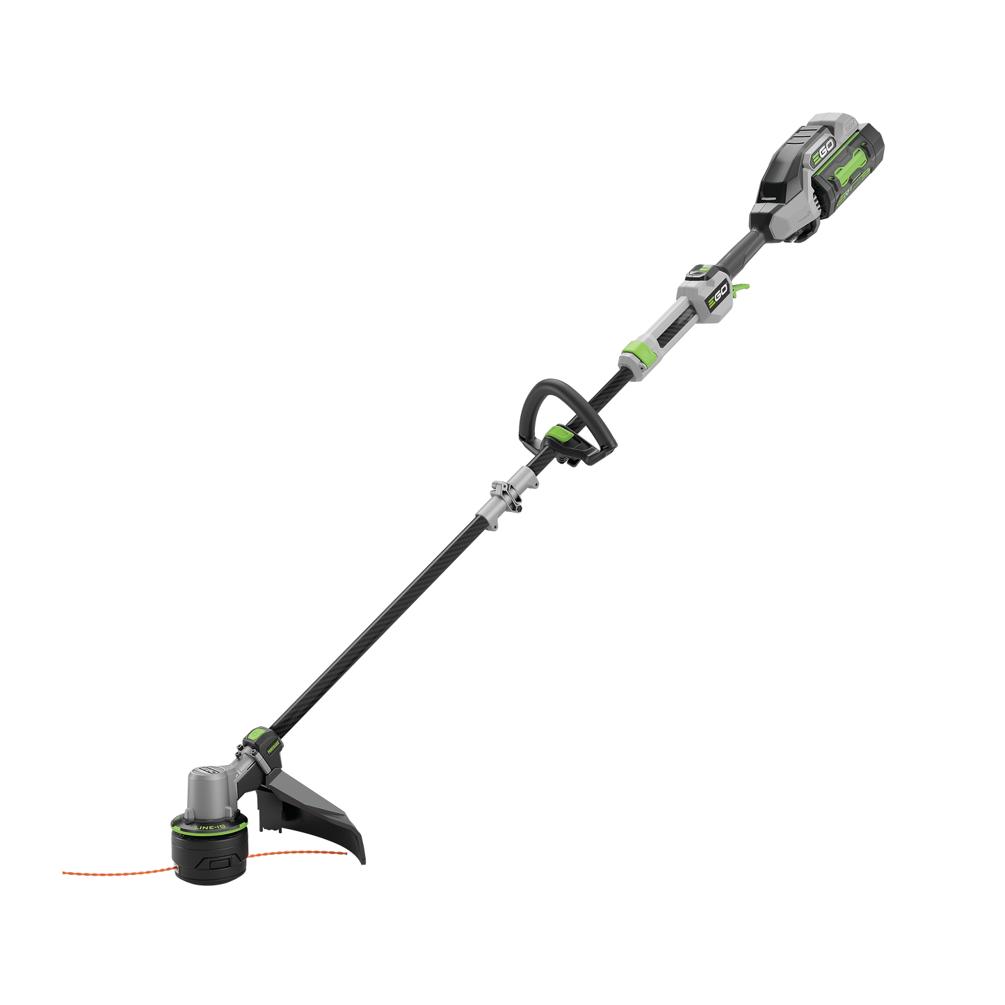Cordless string trimmer with gray and green accents, featuring adjustable handle and cutting head for home improvement tasks
