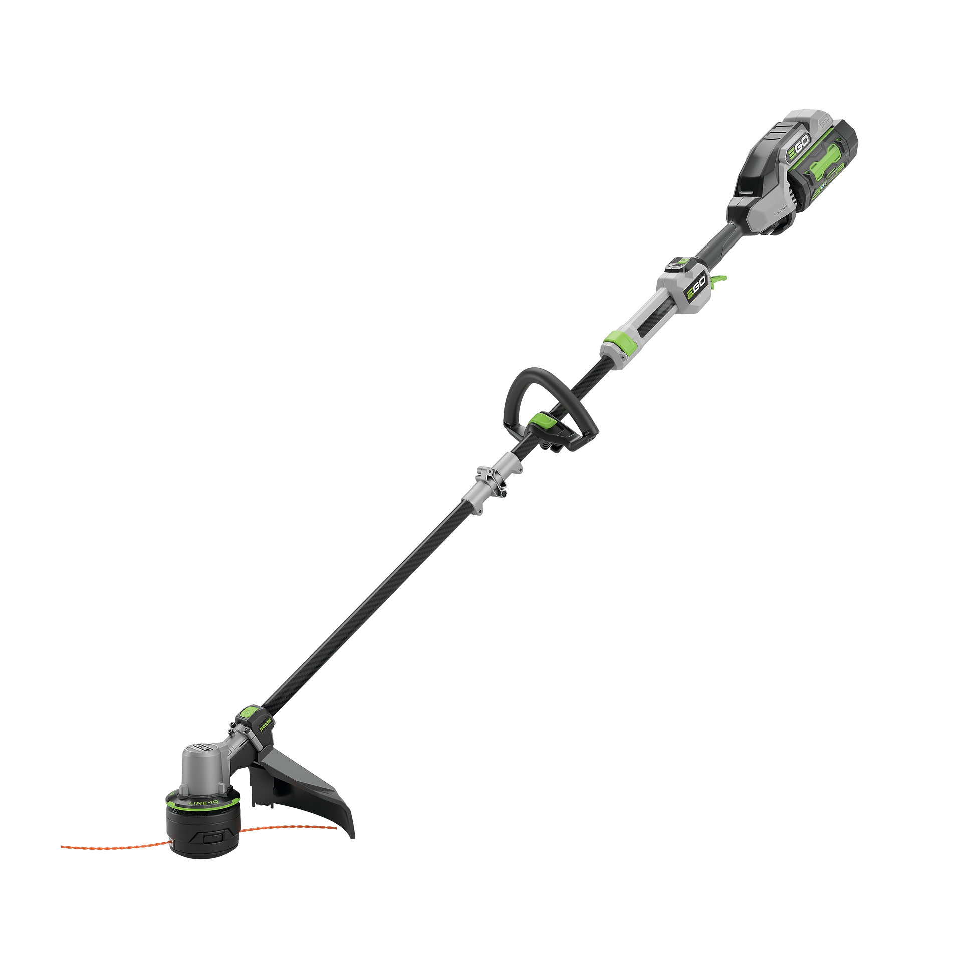 Cordless string trimmer with gray and green accents, featuring adjustable handle and cutting head for home improvement tasks