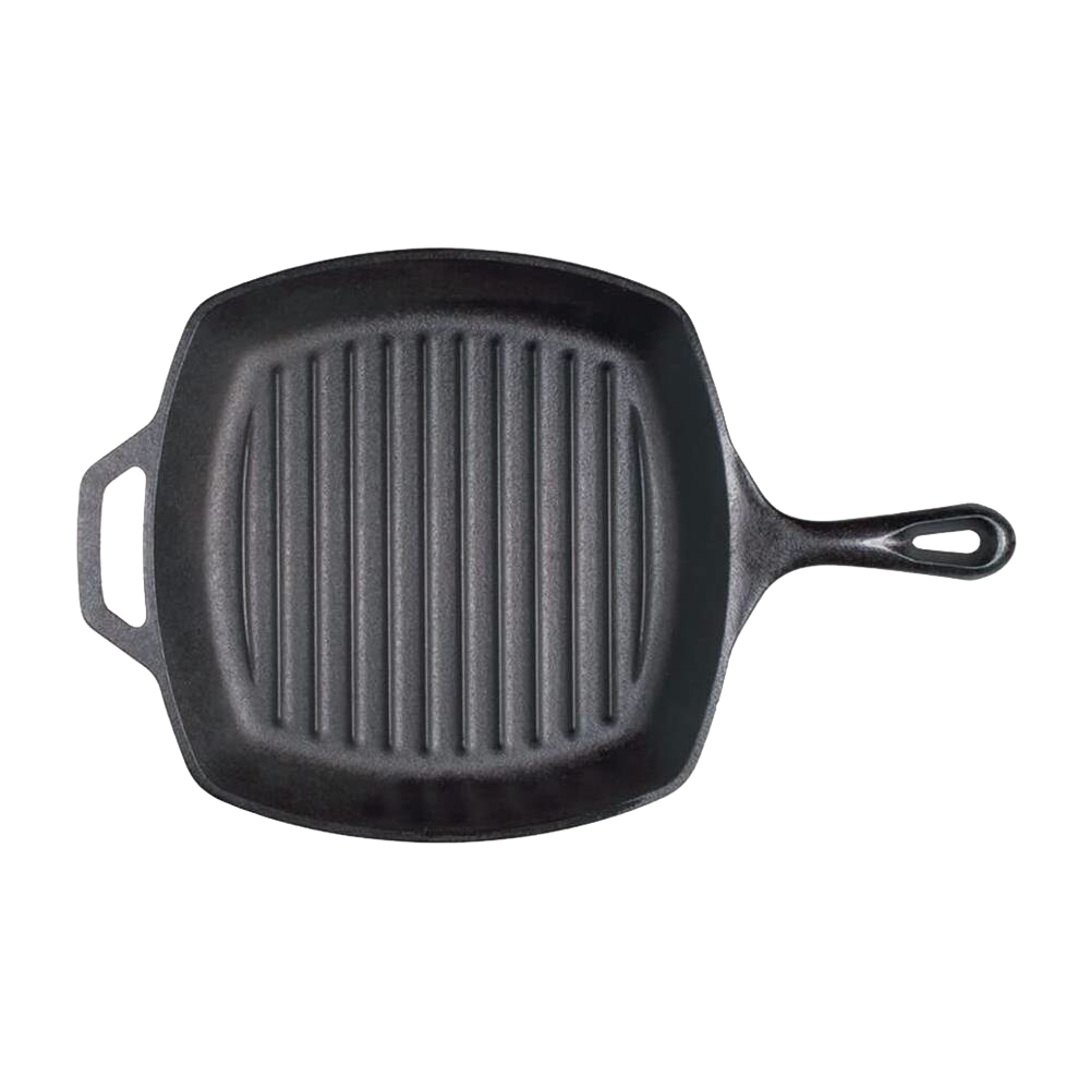 Square cast iron grill pan with ridged surface and dual handles, part of Lodge Cast Iron kitchenware collections under $100