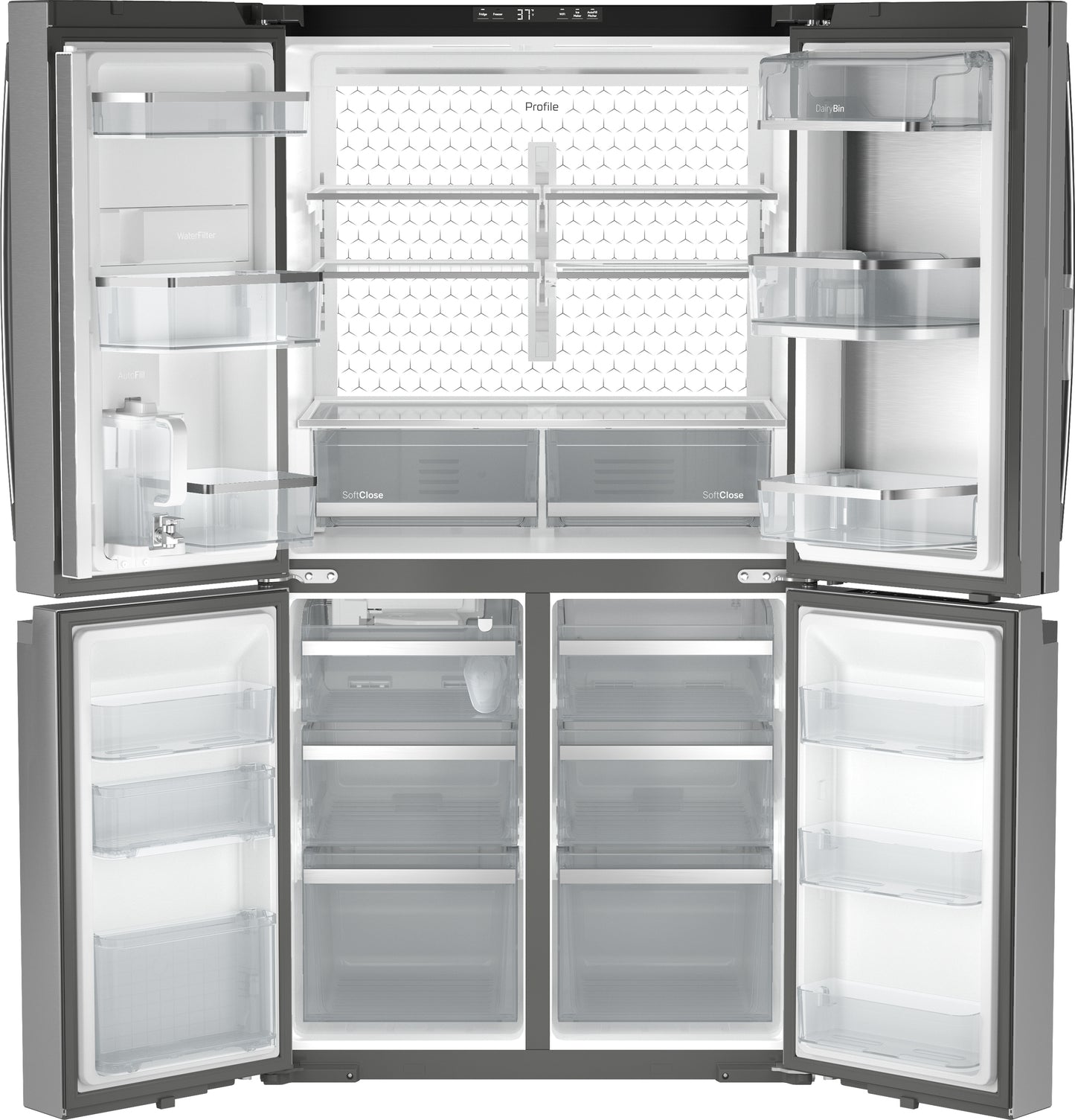 Counter-depth quad-door refrigerator with transparent shelves and dual compartments in kitchen appliances collection