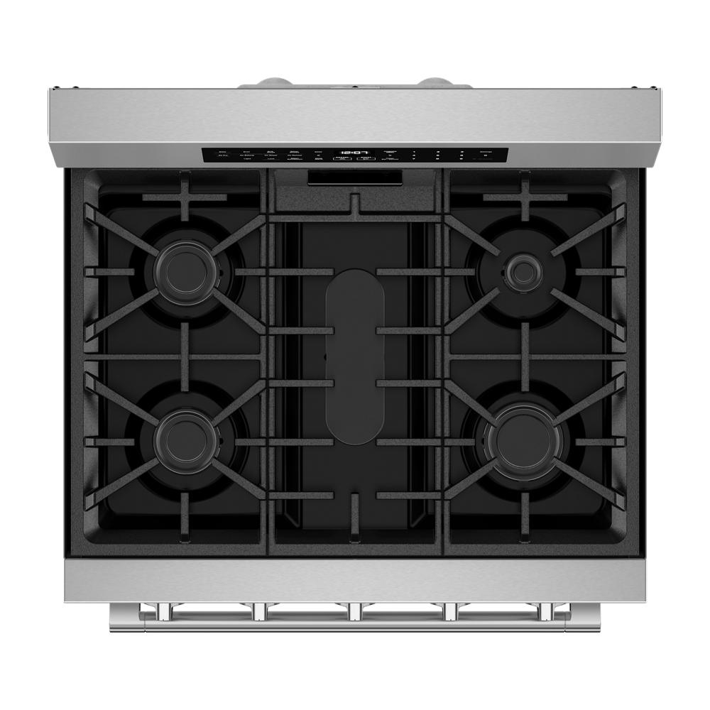 Top view of a stainless steel gas range featuring four burners and central grill grate controls for kitchen use