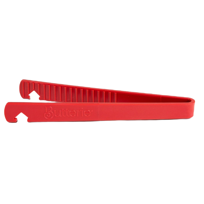 Red silicone toaster tongs with serrated grip and built-in oven rack hook in kitchenware and storage collection