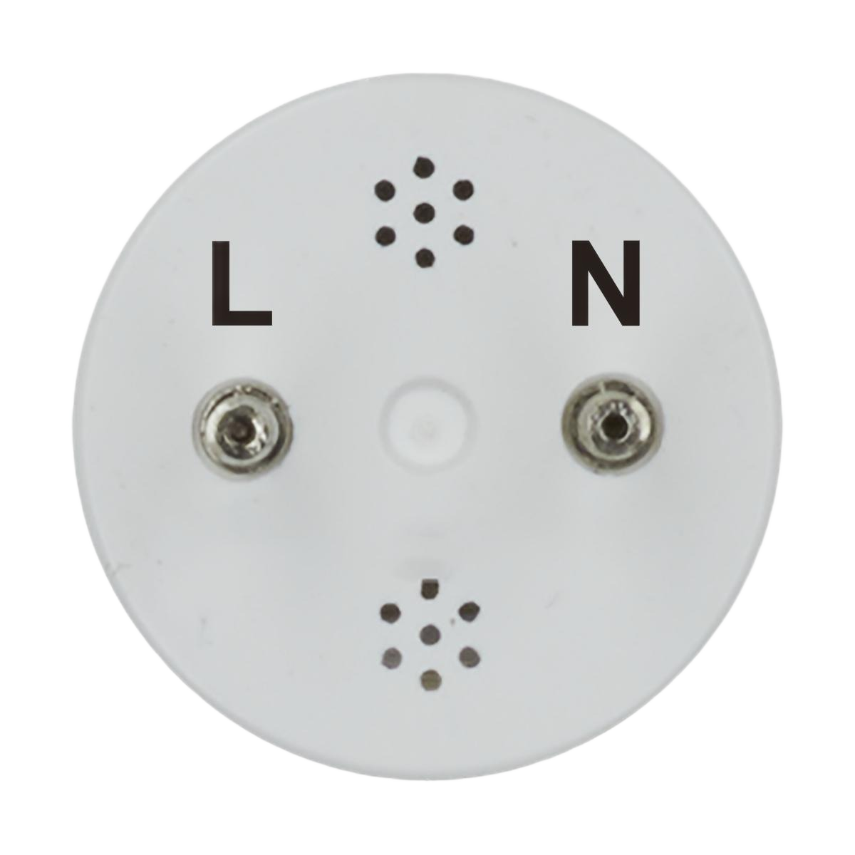 White medium bi-pin base of LED T8 bulb showing labeled L and N pins for electrical connections