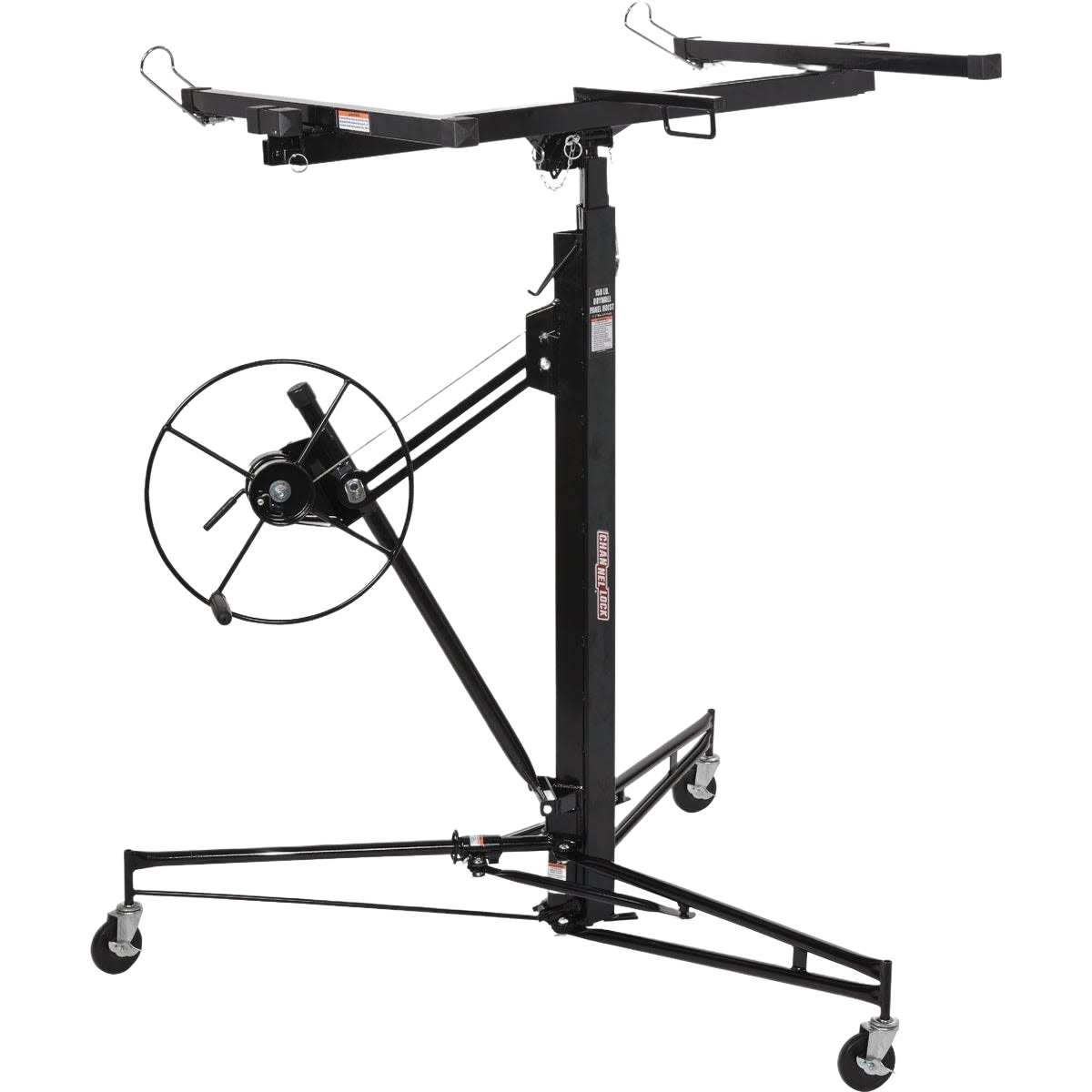 Black steel drywall panel lifter with wheels and crank handle for tools and home improvement projects