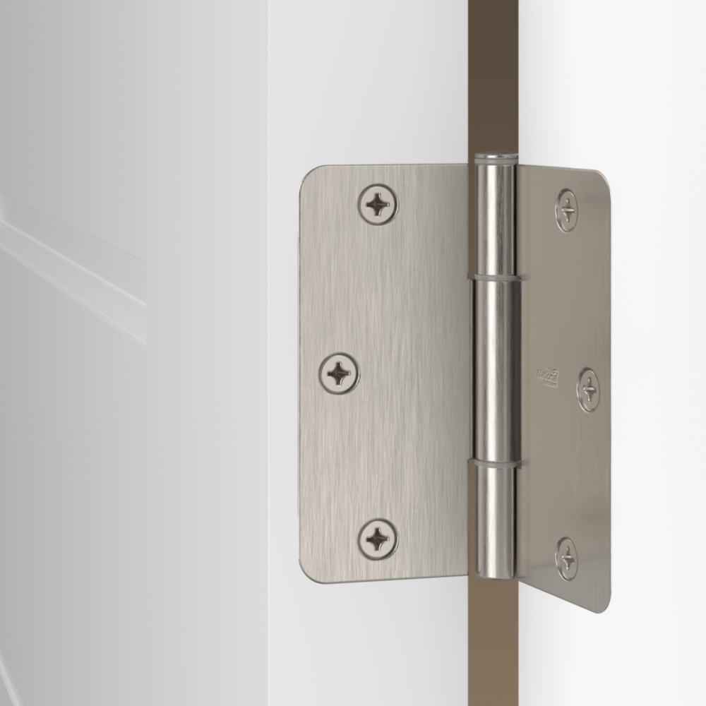 Satin nickel door hinge with 5/8-inch radius and screws for smooth, silent door operation in home improvement projects