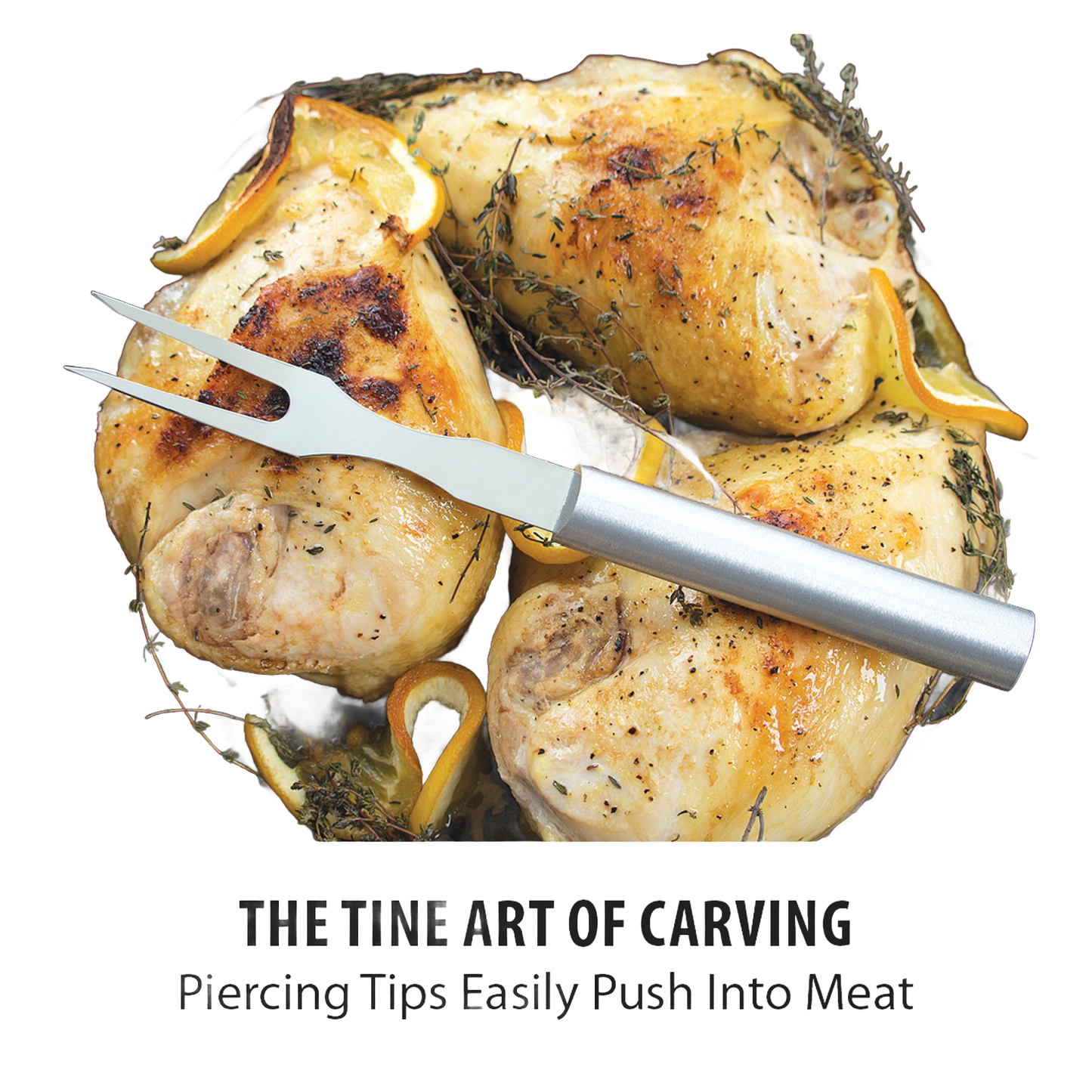 Silver carving fork with stainless steel handle resting on roasted chicken pieces with herbs for kitchen utensils under $50 collection