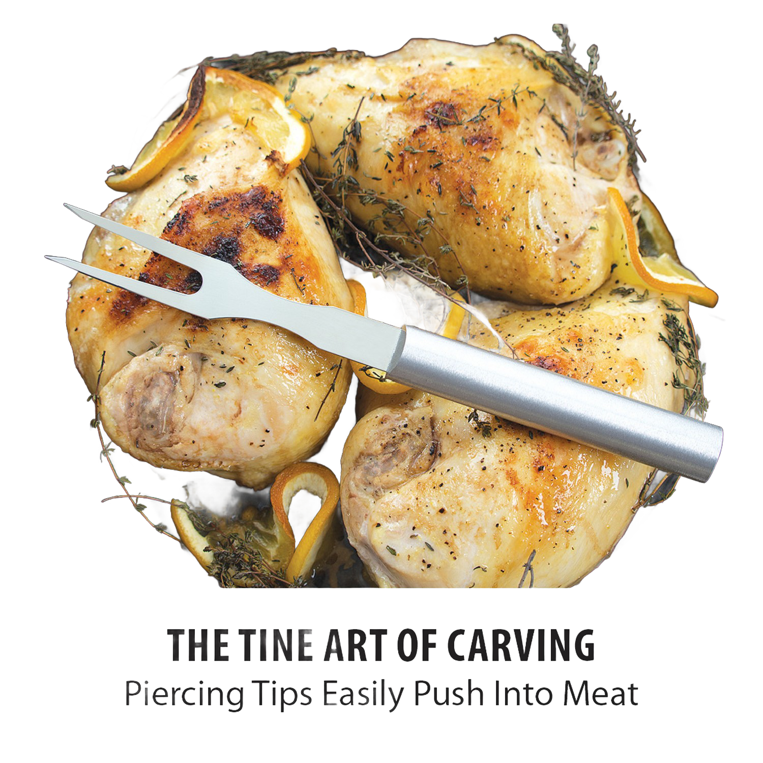 Silver carving fork with stainless steel handle resting on roasted chicken pieces with herbs for kitchen utensils under $50 collection