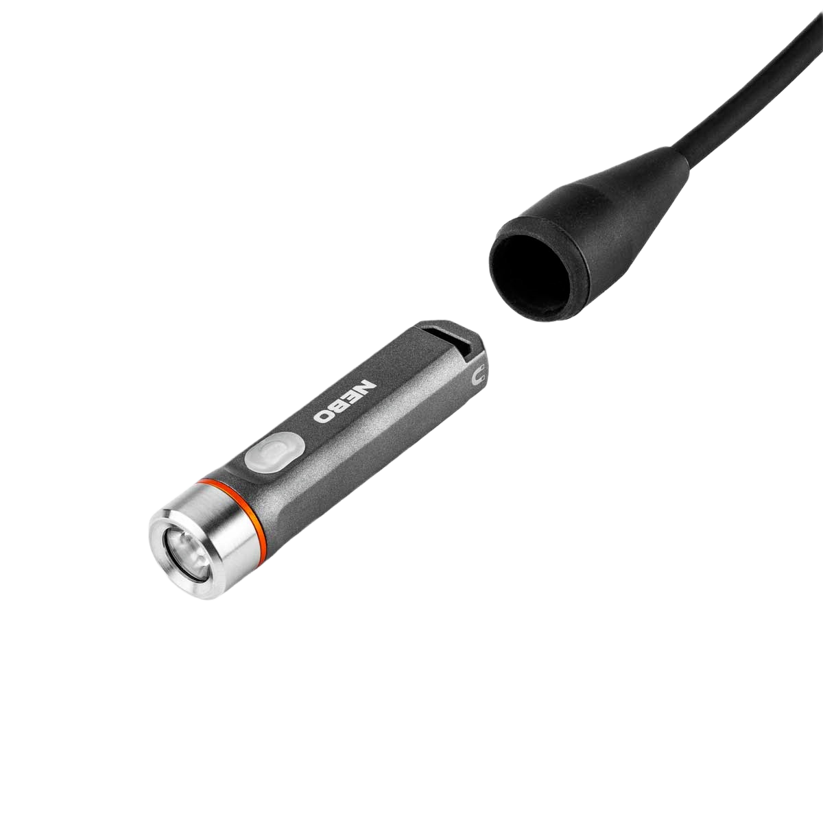 Compact gray and silver NEBO branded LED task light with power button and magnetic charging cable for tools and home improvement