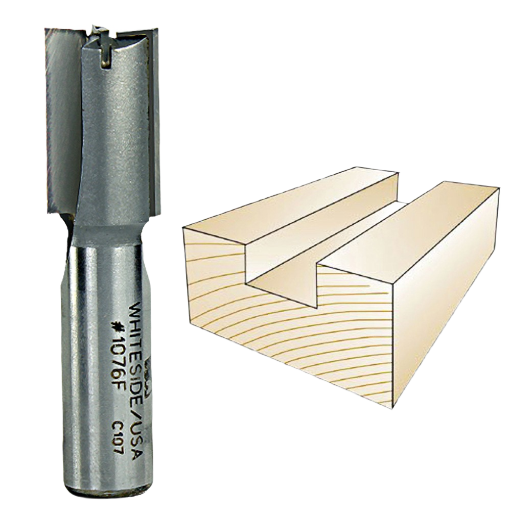 Whiteside straight router bit alongside illustration of groove cut in wood for woodworking and tool accessories collections