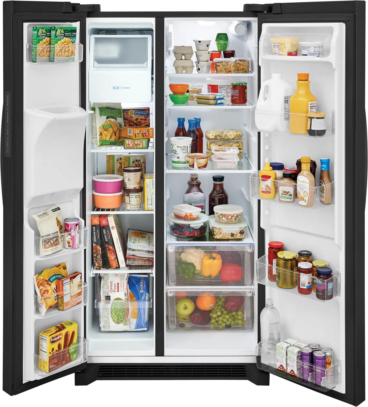 Open matte black side-by-side refrigerator with fully stocked shelves and clear bins in kitchen and appliances collections