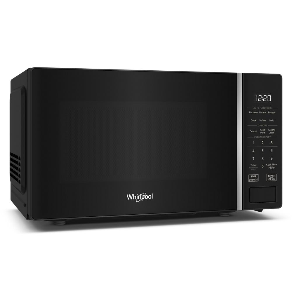 Black Whirlpool countertop microwave with electronic touch controls and white LED display from kitchen appliances collection