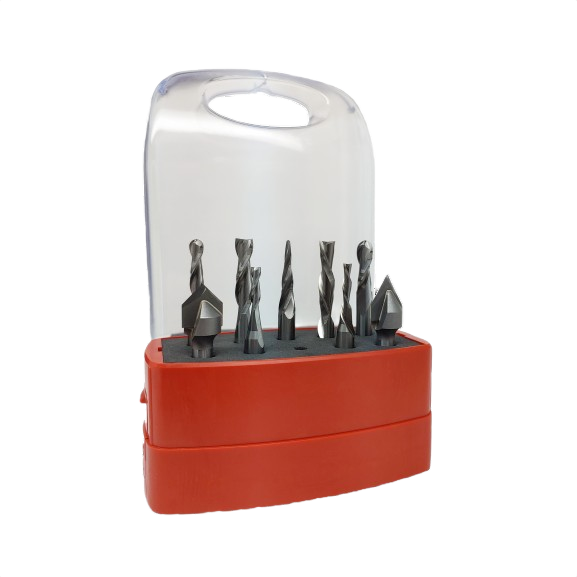 Set of nine CNC router bits in red case with clear lid for woodworking and power tool accessories collections