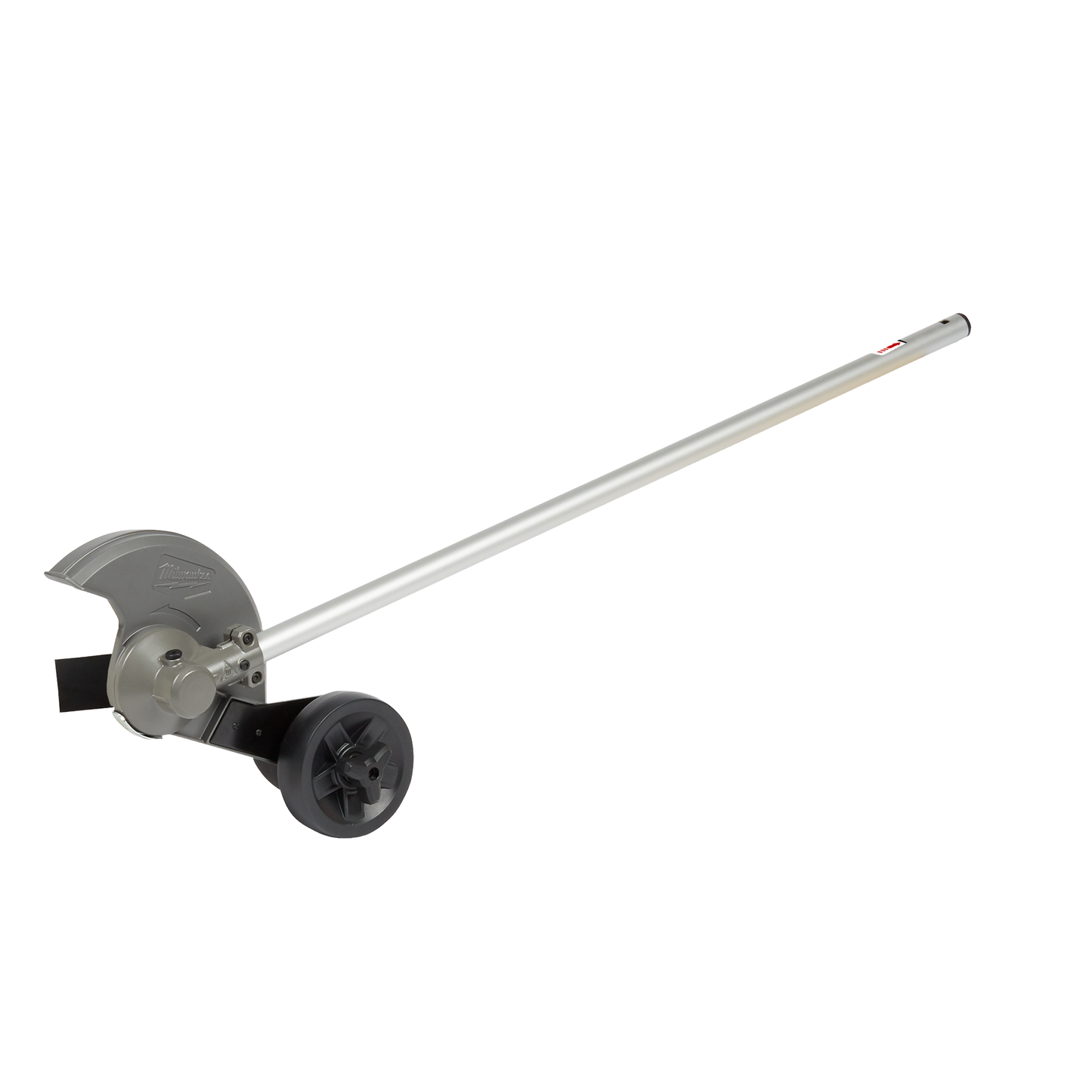 Metal edger attachment with protective guard and wheel for landscaping and home improvement tasks