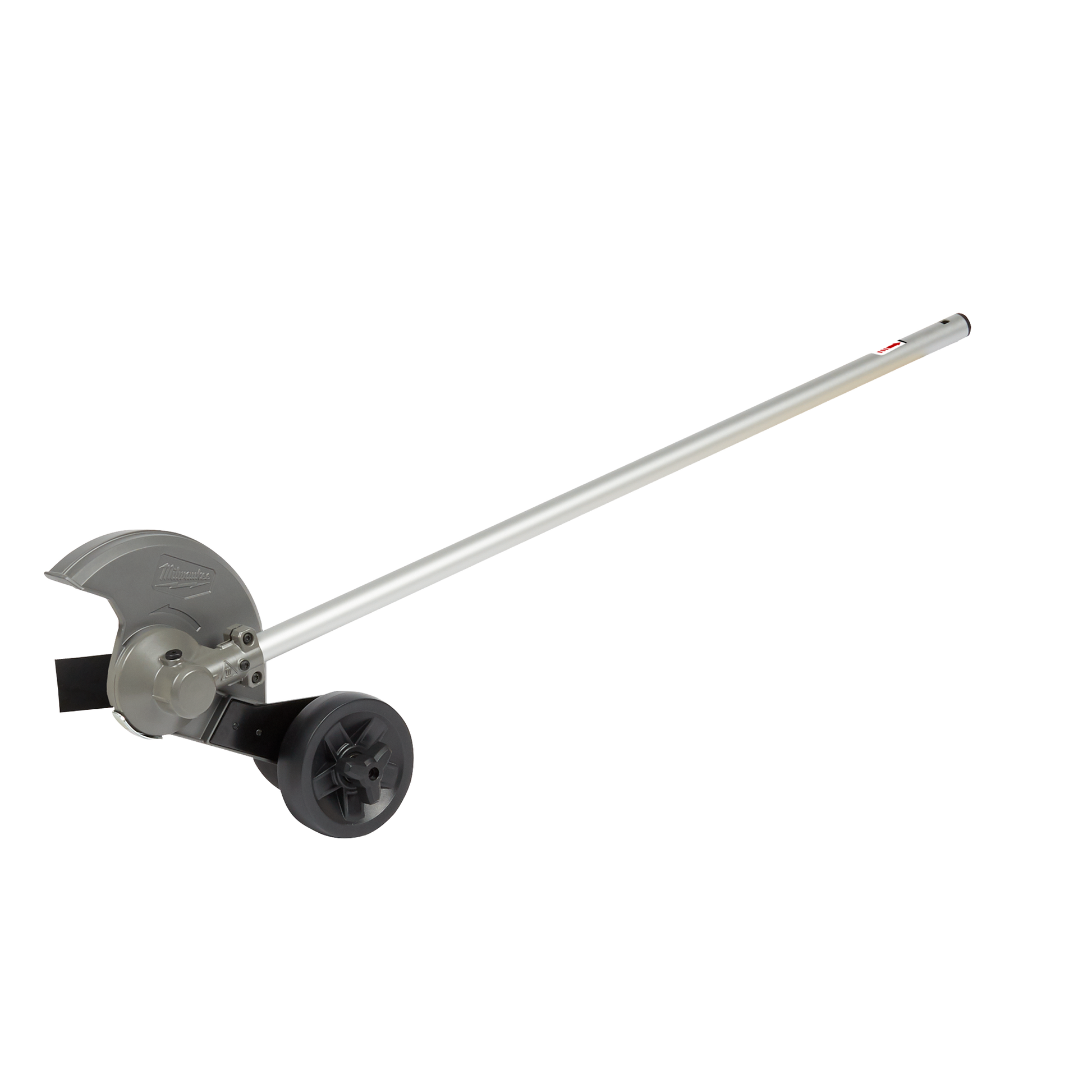 Metal edger attachment with protective guard and wheel for landscaping and home improvement tasks